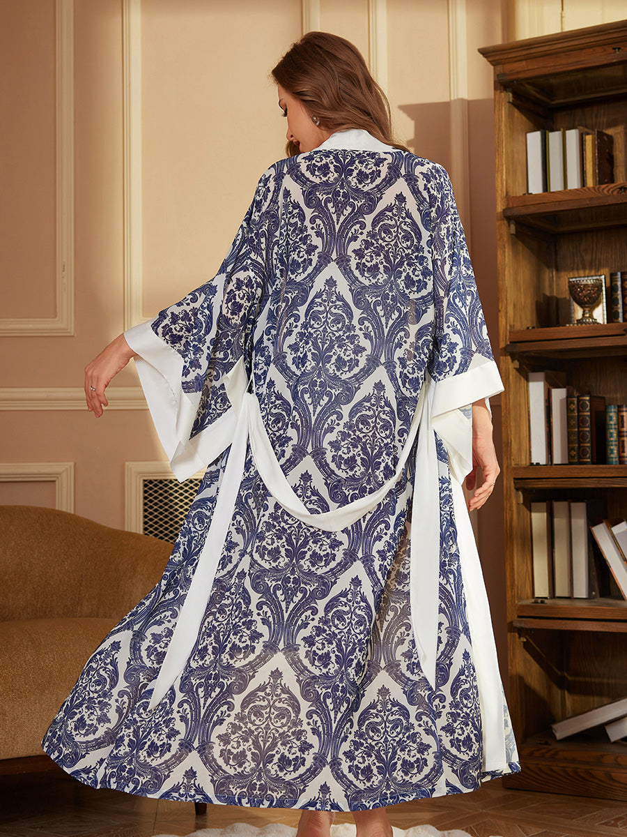 Blue White Baroque Chiffon Kimono Robe