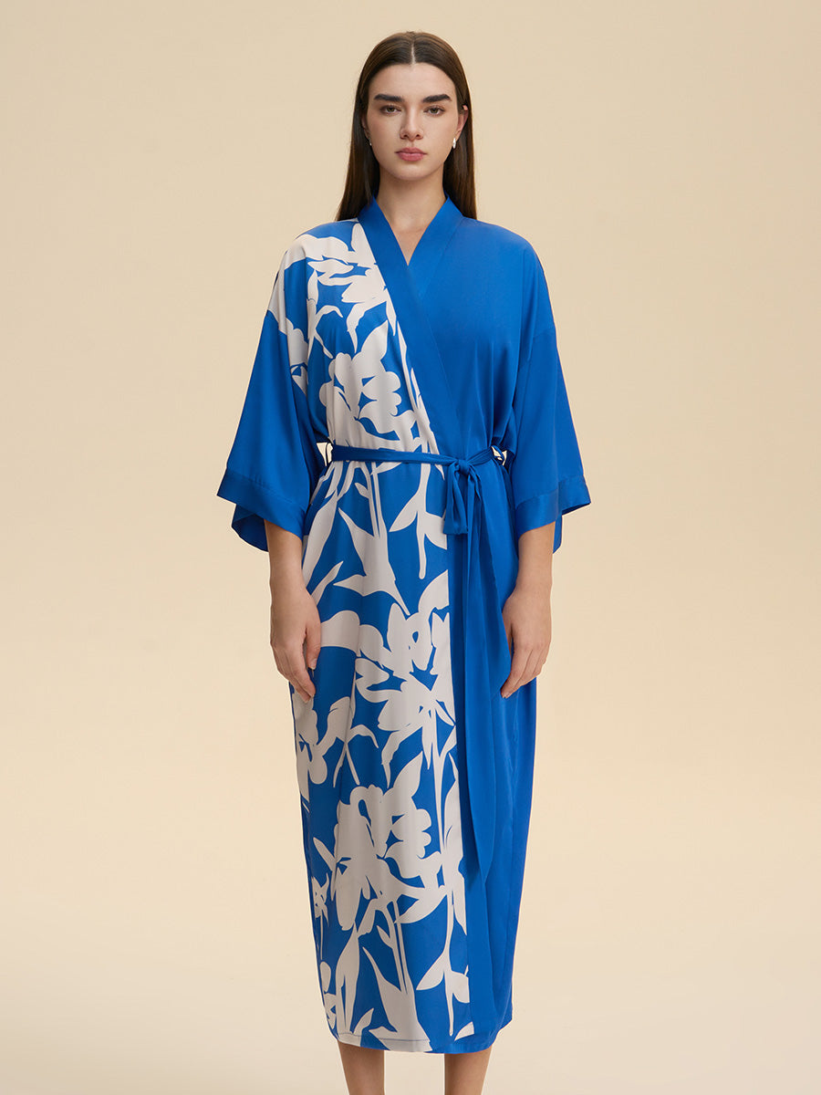 Colorblock Floral Satin Kimono Robe
