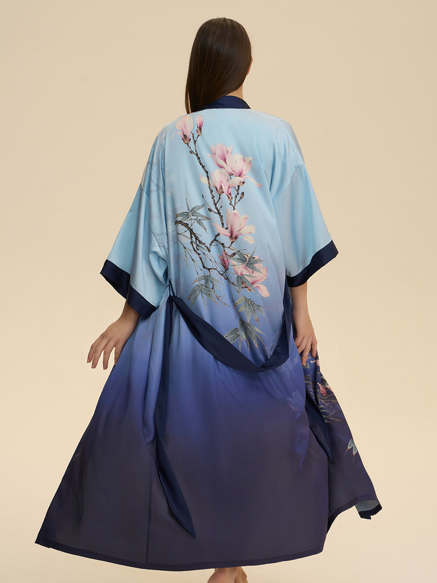 Magnolia Print Ombre Satin Kimono Robe
