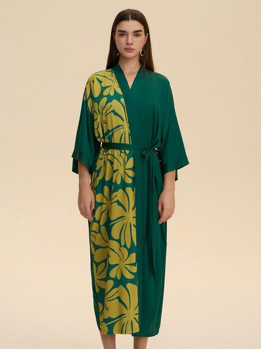 Colorblock Floral Satin Kimono Robe