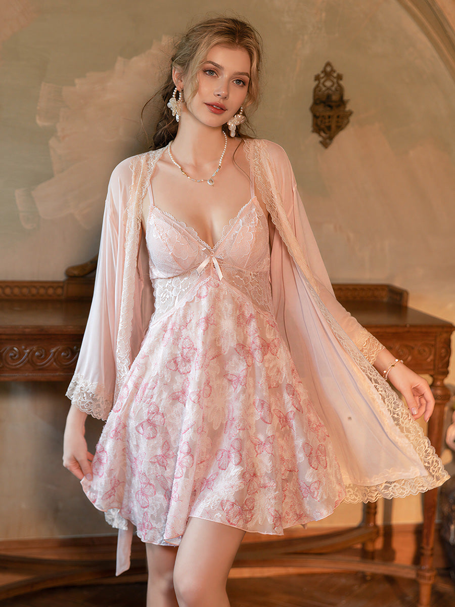 Blush Pink Floral Lace Nightgown Robe Set