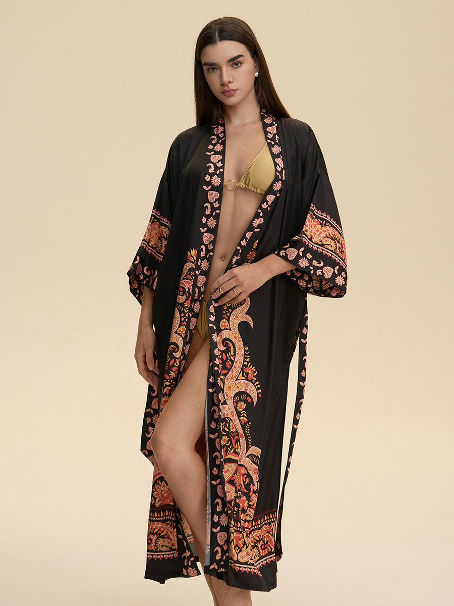Black Paisley Satin Kimono Robe