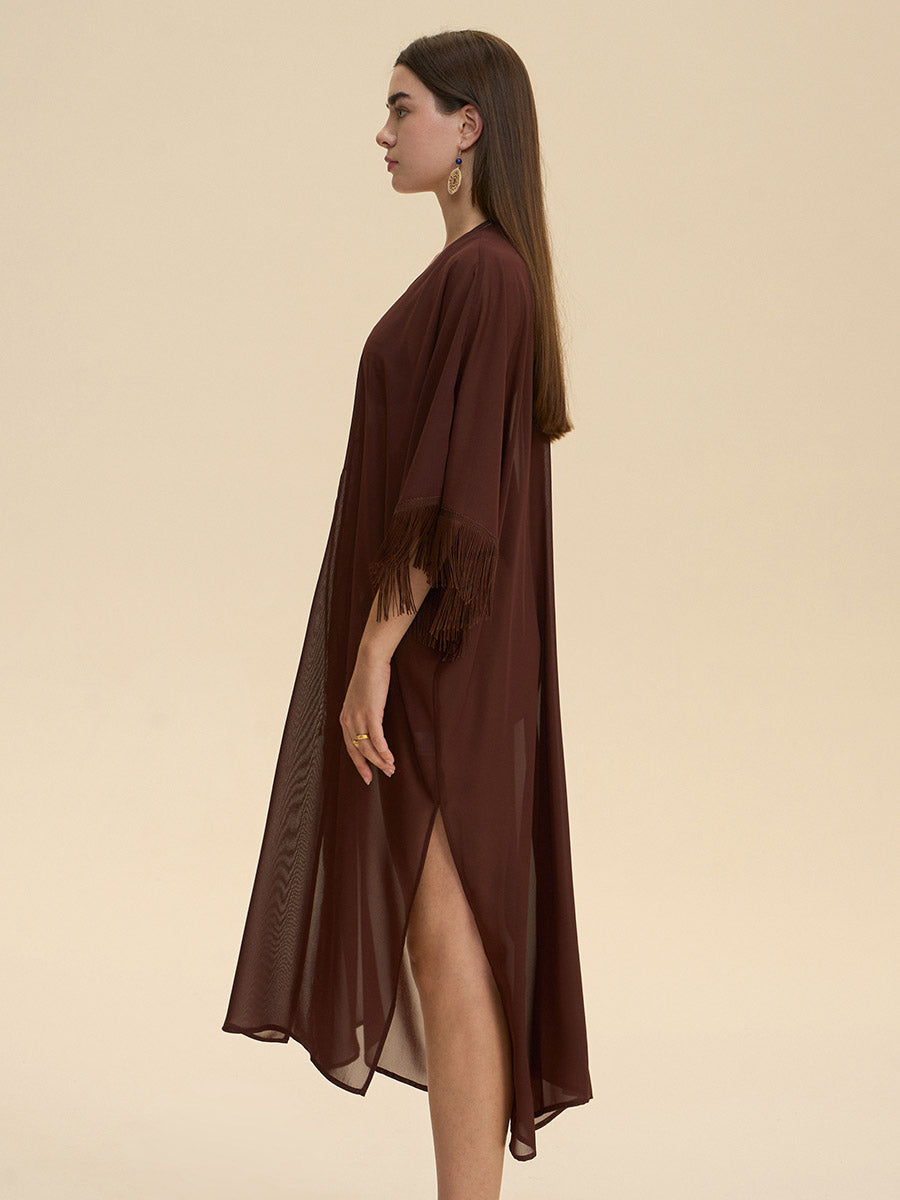 Fringe Trim Sheer Cover-Up Robe
