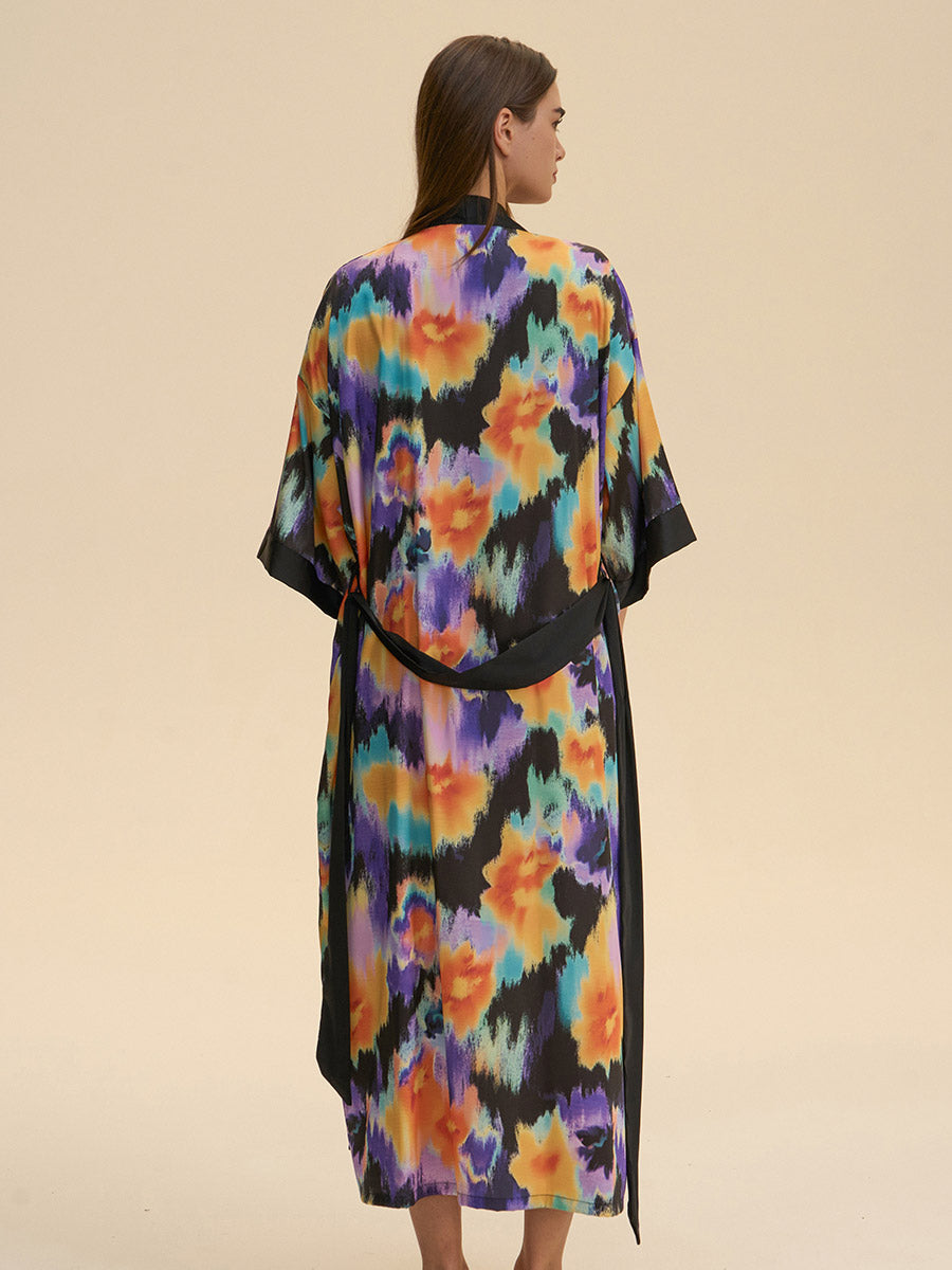 Tie-Dye Floral Satin Kimono Robe