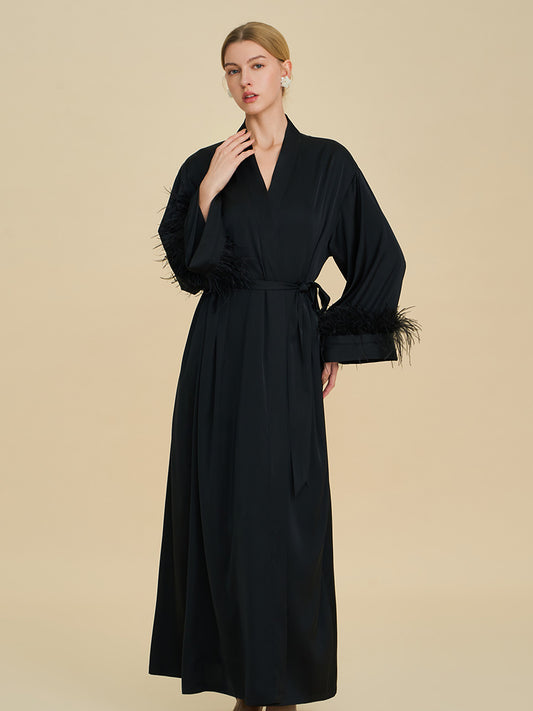 Black Satin Maxi Robe with Feather Cuffs
