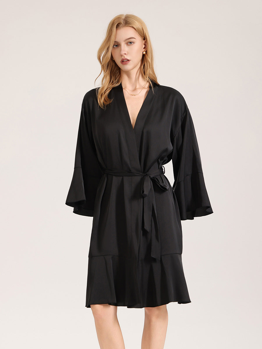 Black Satin Ruffle Hem Robe