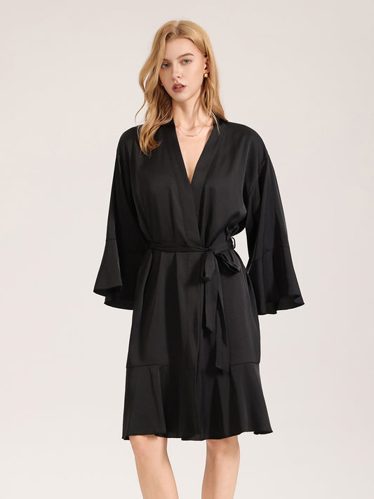 Black Satin Ruffle Hem Robe