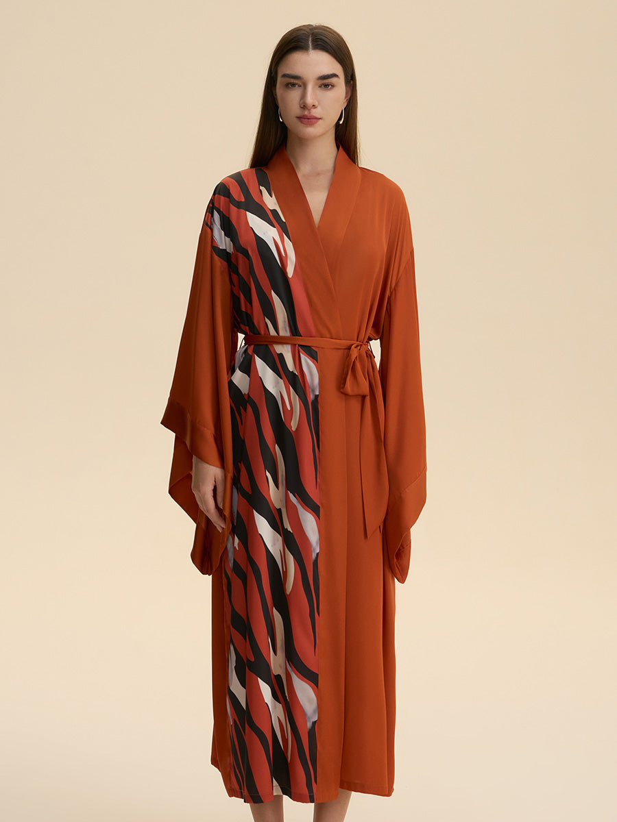 Rust Abstract Stripe Print Satin Kimono Robe