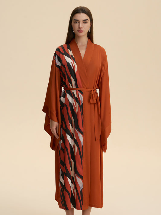 Rust Abstract Stripe Print Satin Kimono Robe