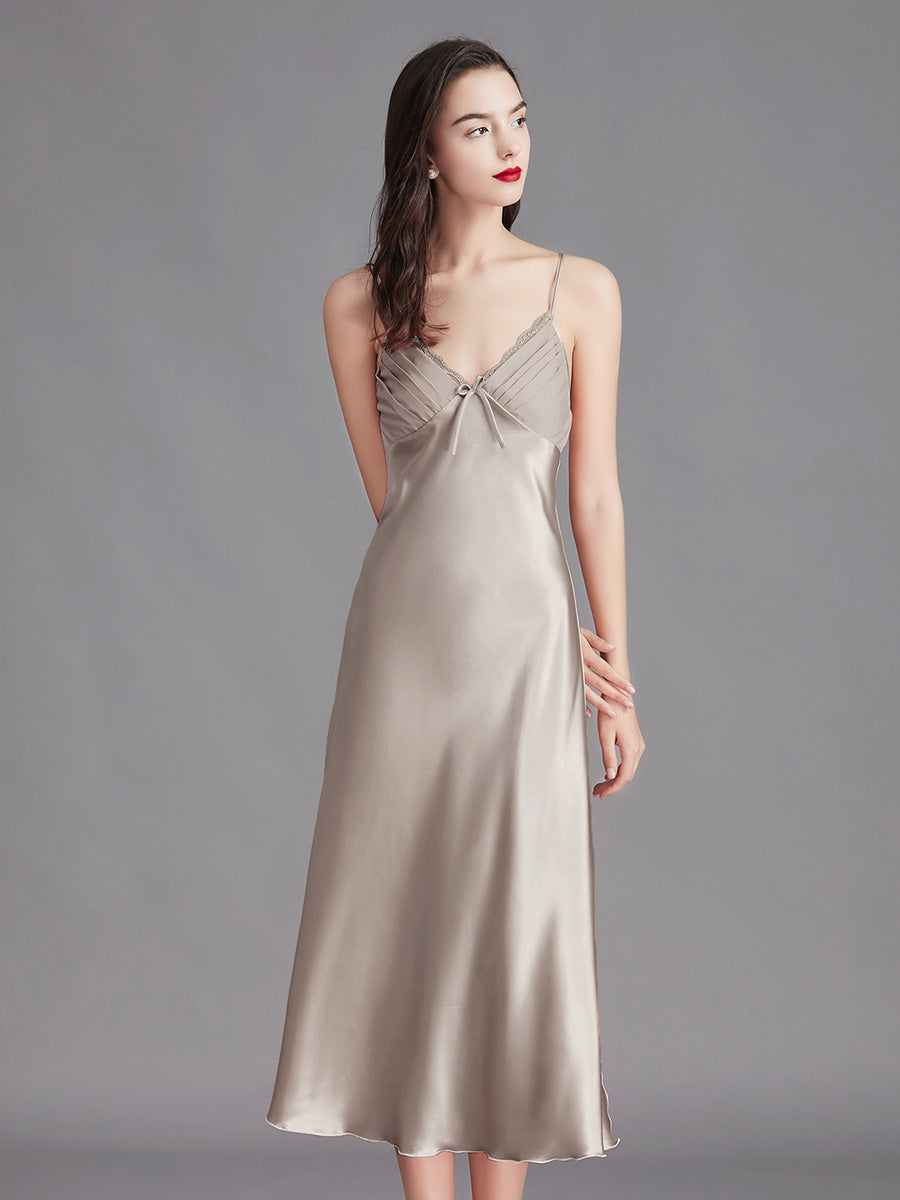 Light Grey Silky Lace Trim Slip Dress
