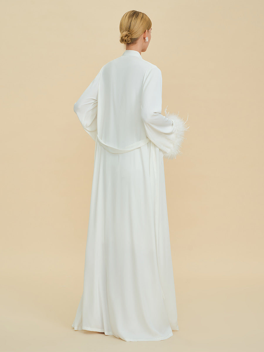 White Satin Maxi Robe with Feather Cuffs