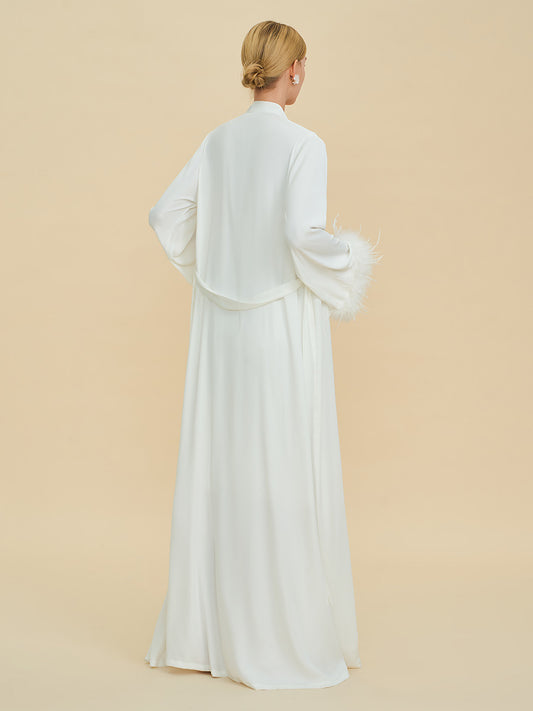 White Satin Maxi Robe with Feather Cuffs