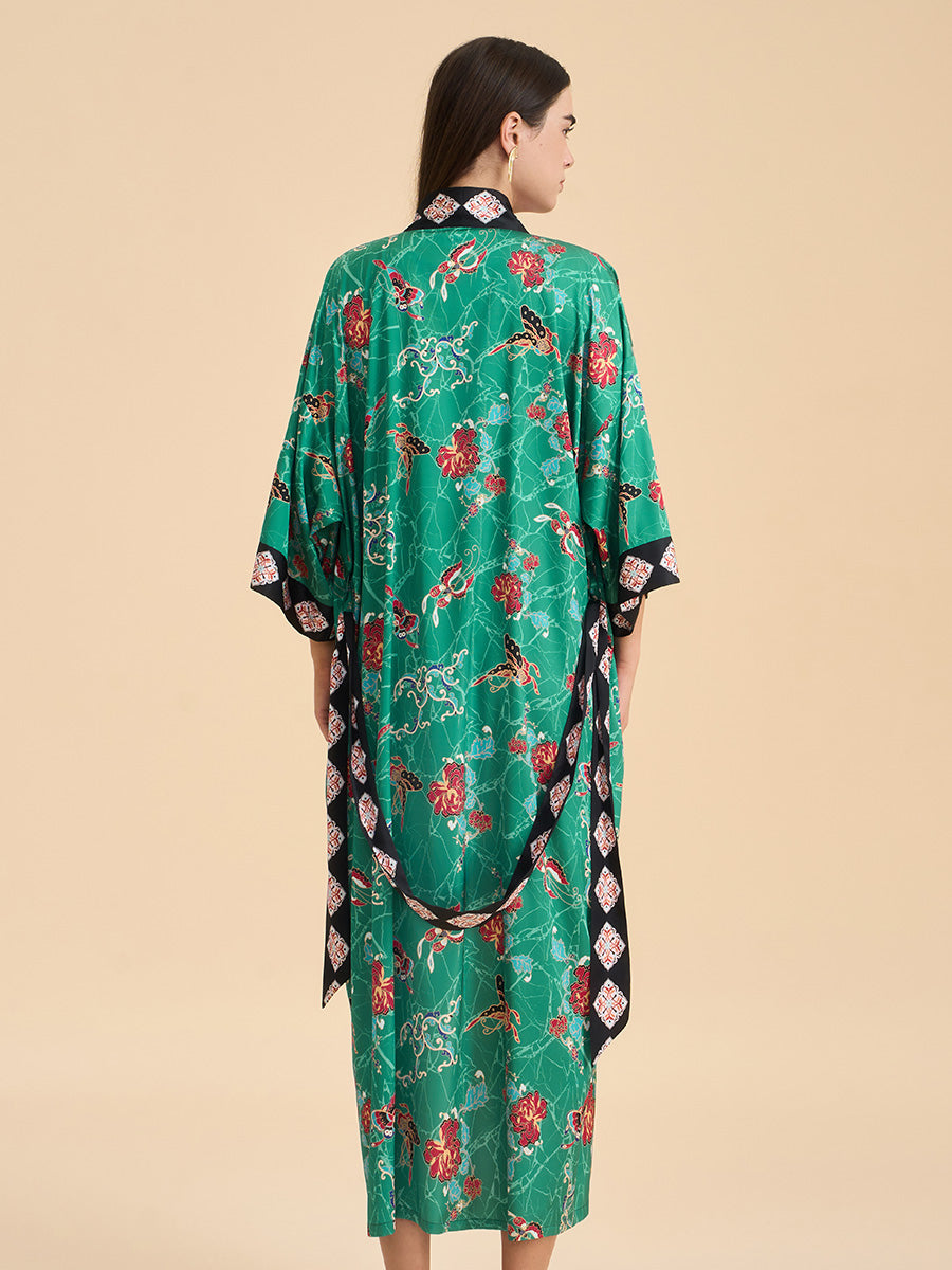 Green Floral Butterfly Satin Kimono Robe