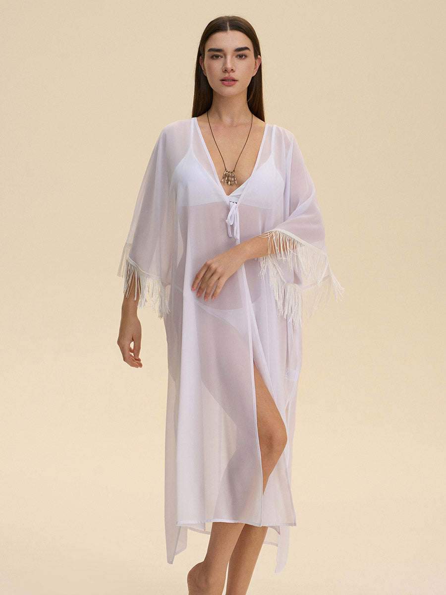 Fringe Trim Sheer Cover-Up Robe