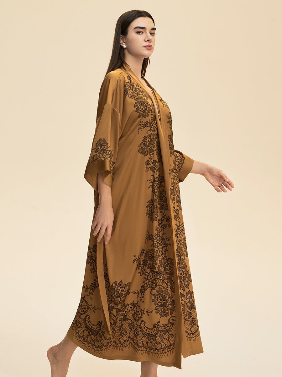 Lace Print Satin Kimono Robe