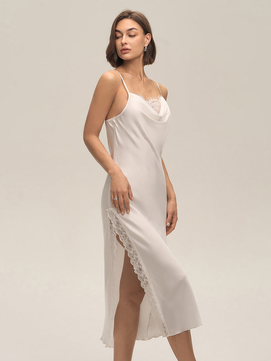 Ivory Cowl Neck Lace Satin Midi Slip Dress