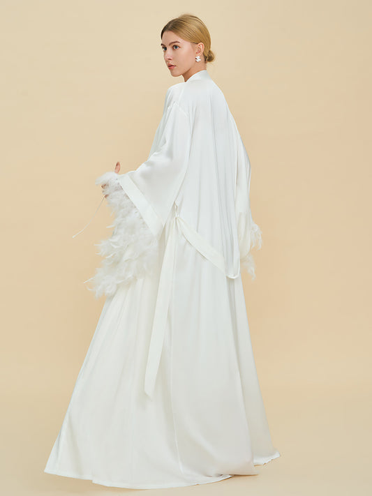 White Satin Maxi Robe with Oversized Feather Cuffs