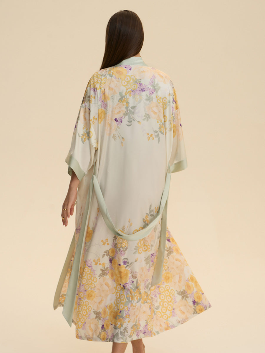 Floral Print Satin Kimono Robe