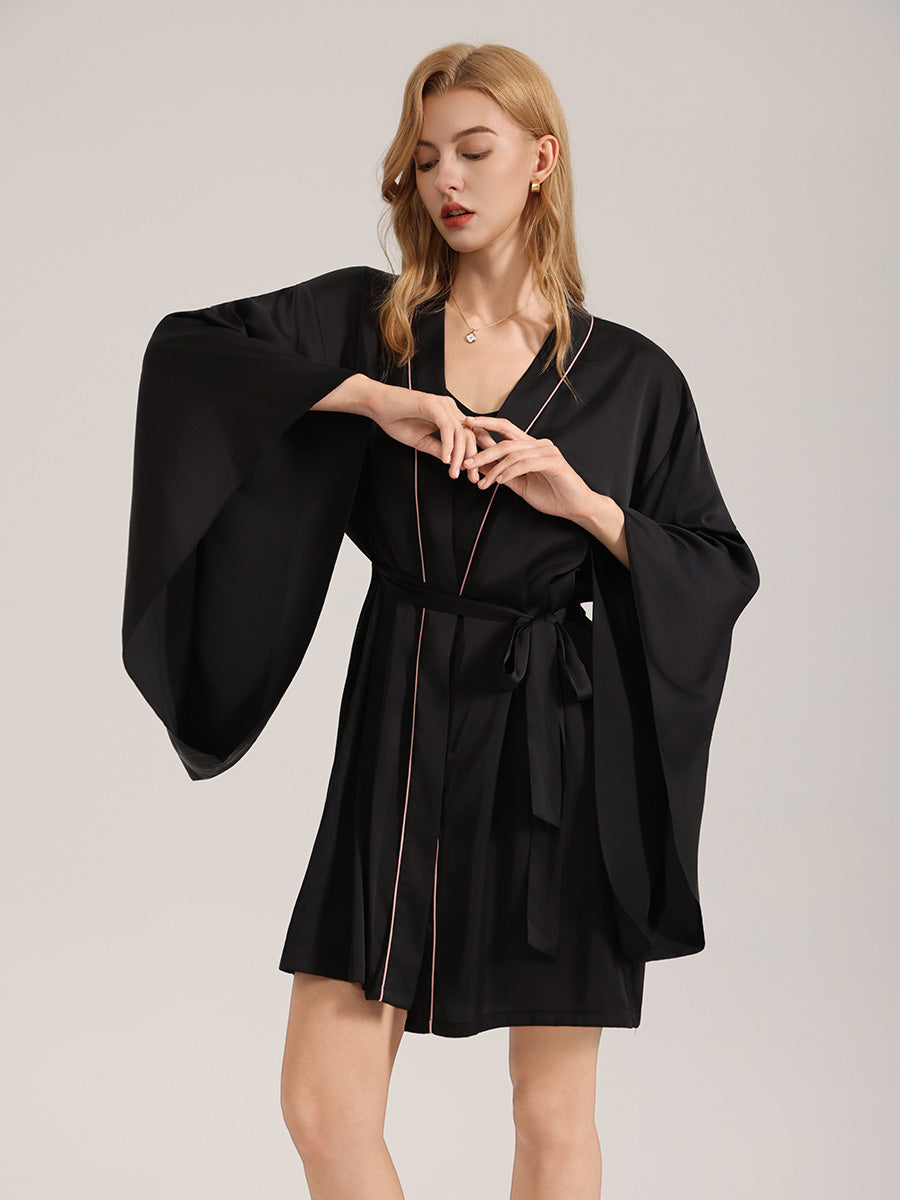 Black Satin Robe with Pink Piping