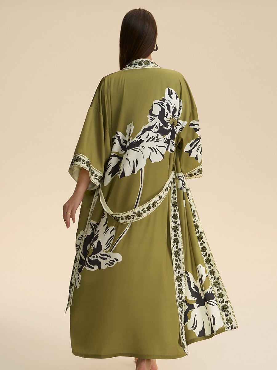 Olive Green Floral Satin Kimono Robe