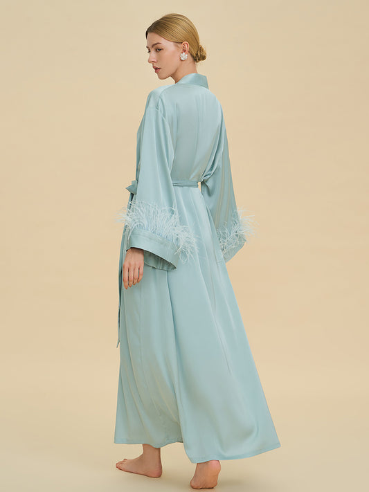 Light Blue Satin Maxi Robe with Feather Cuffs