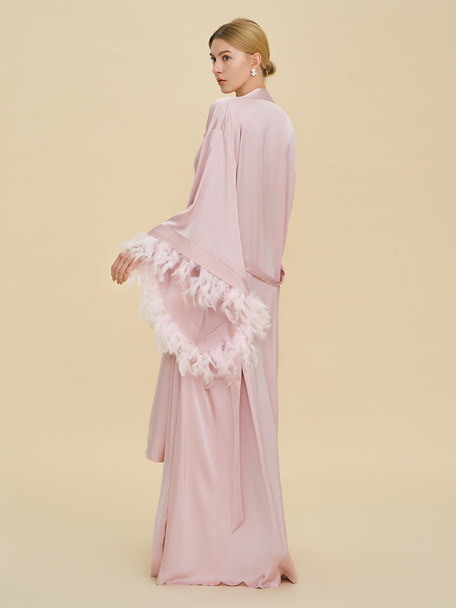 Blush Pink Satin Maxi Robe with Oversized Feather Cuffs