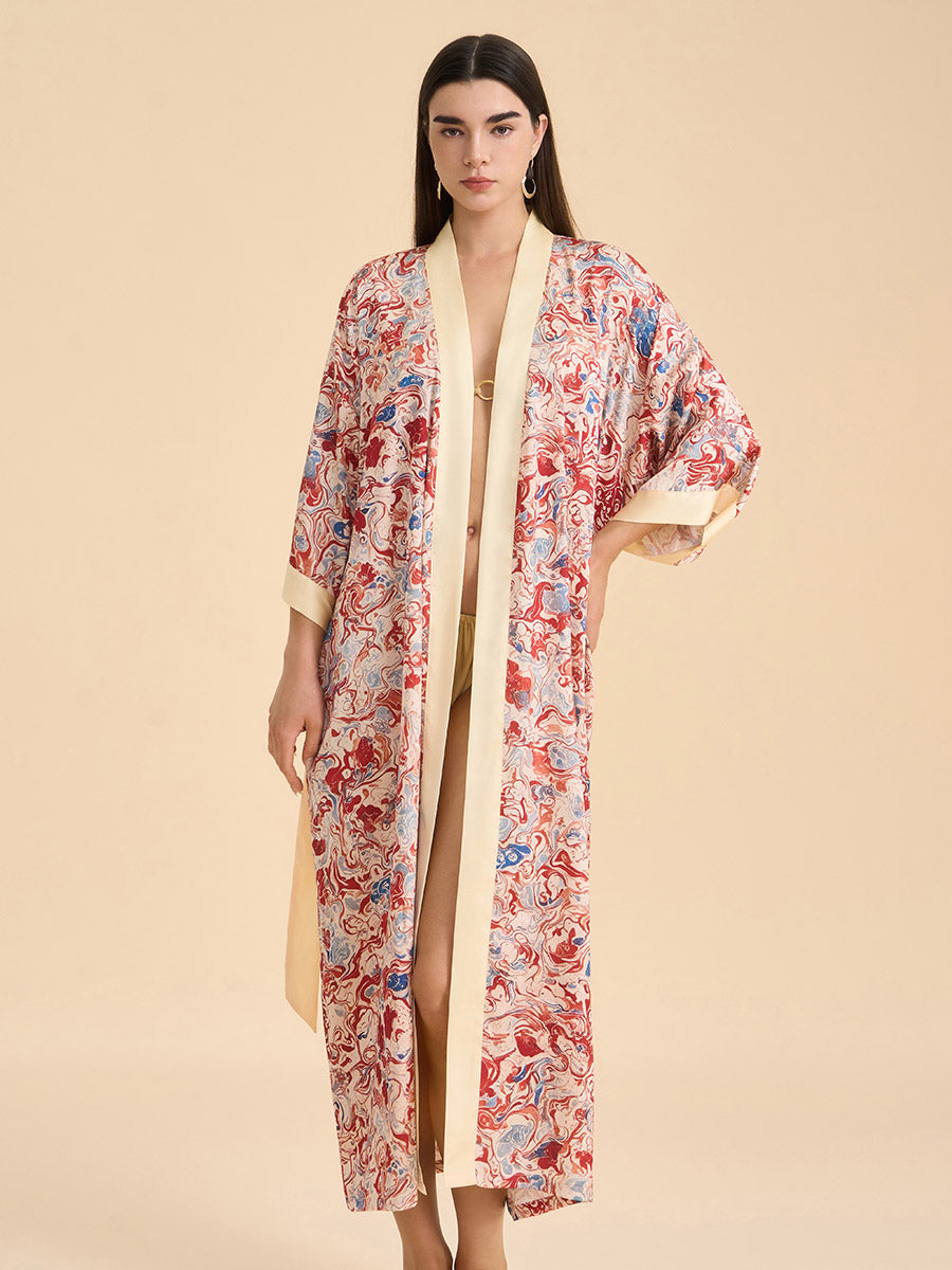 Artistic Marble Print Satin Kimono Robe