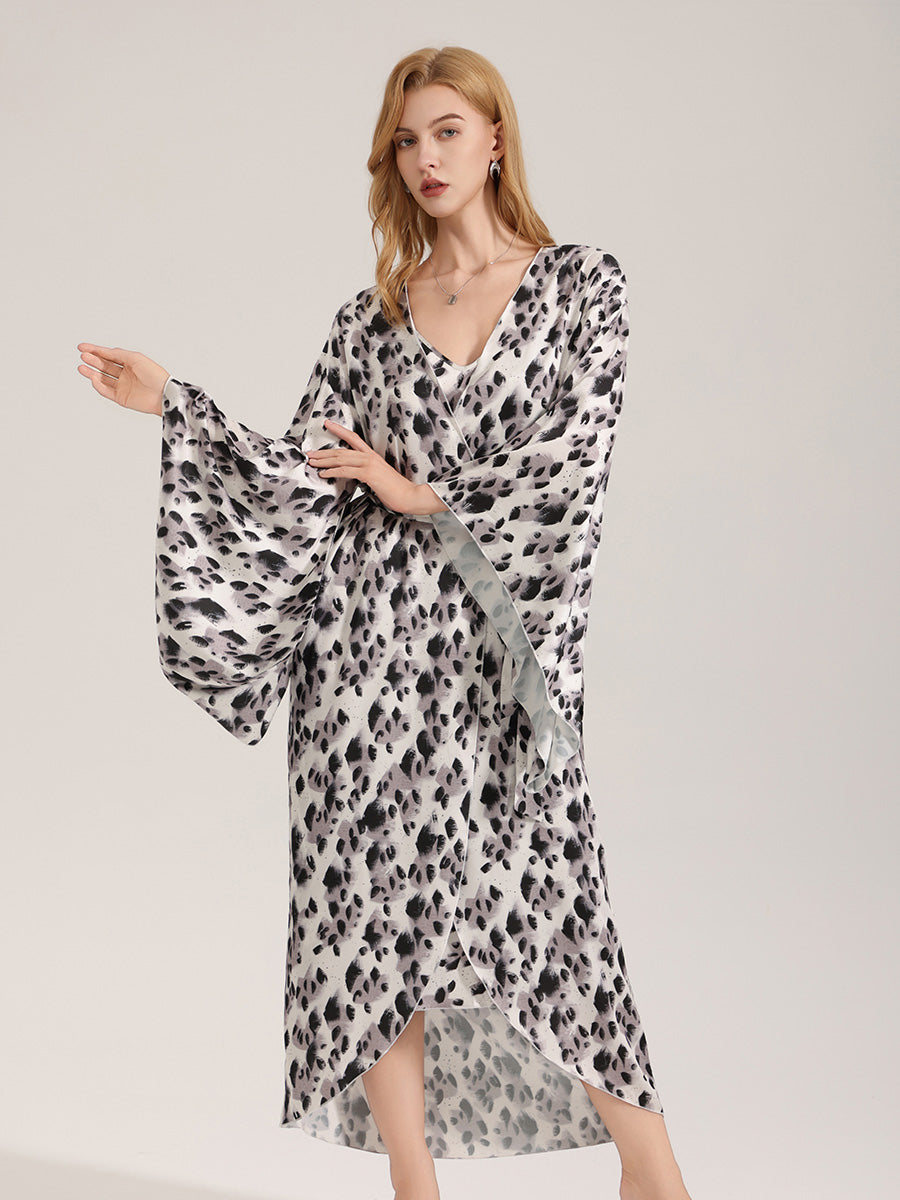 Leopard Print Satin Kimono Robe