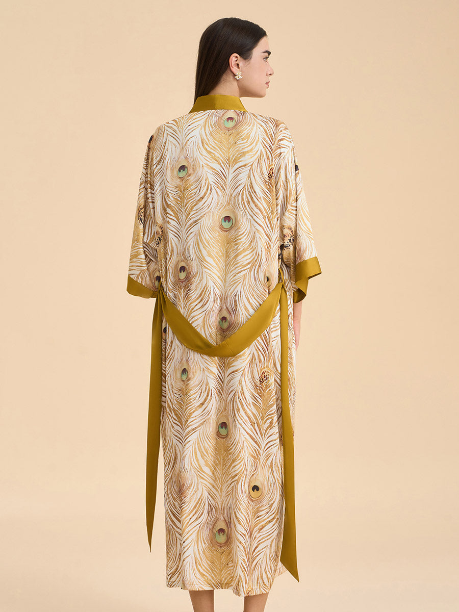 Peacock Feather Satin Kimono Robe