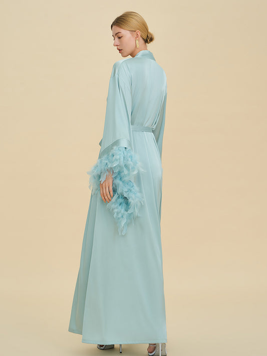 Light Blue Satin Maxi Robe with Oversized Feather Cuffs
