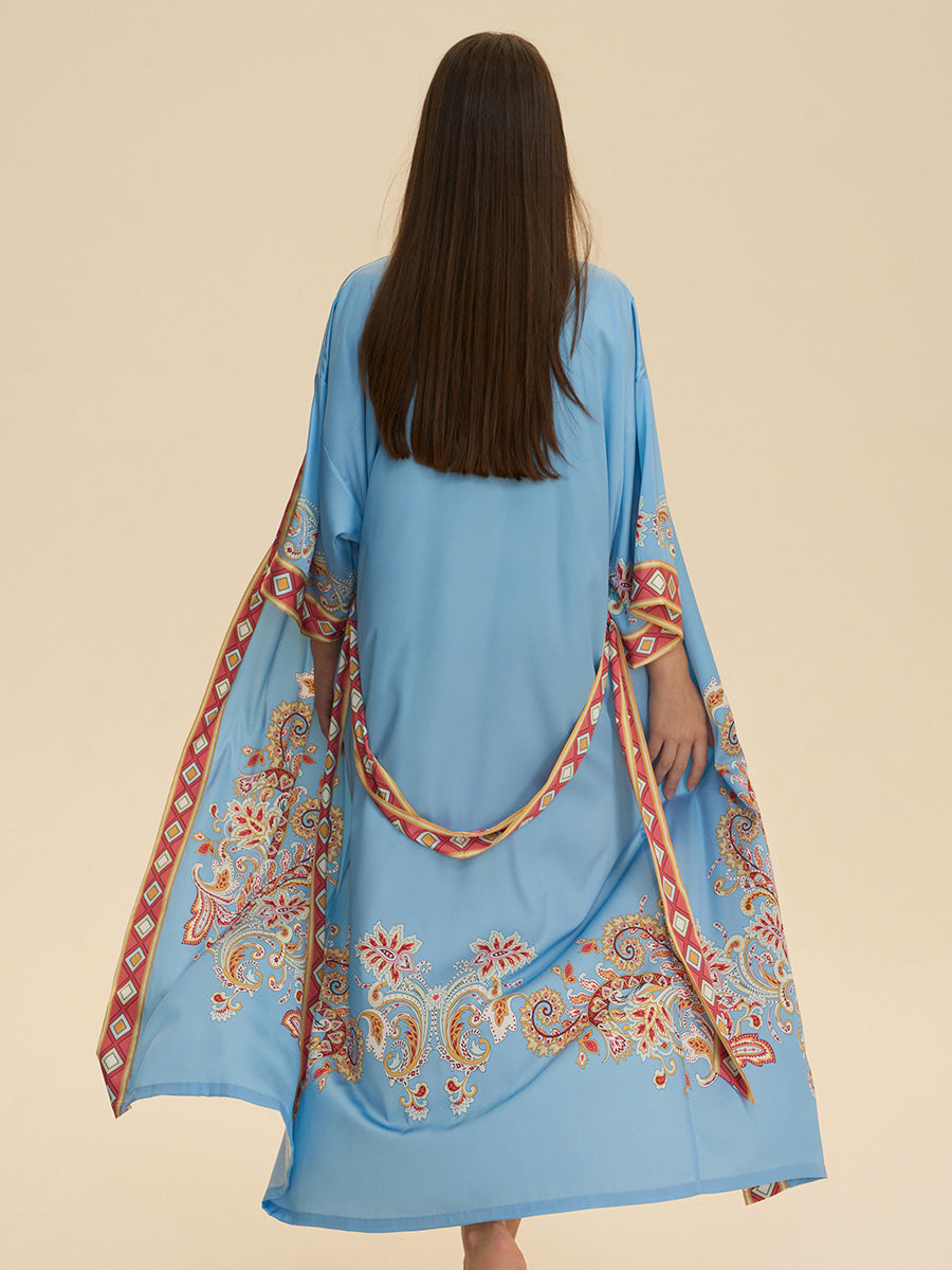 Sky Blue Paisley Satin Kimono Robe