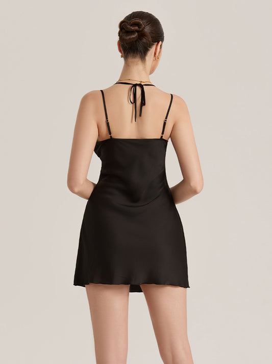 Black Lace Bust Satin Mini Slip Dress