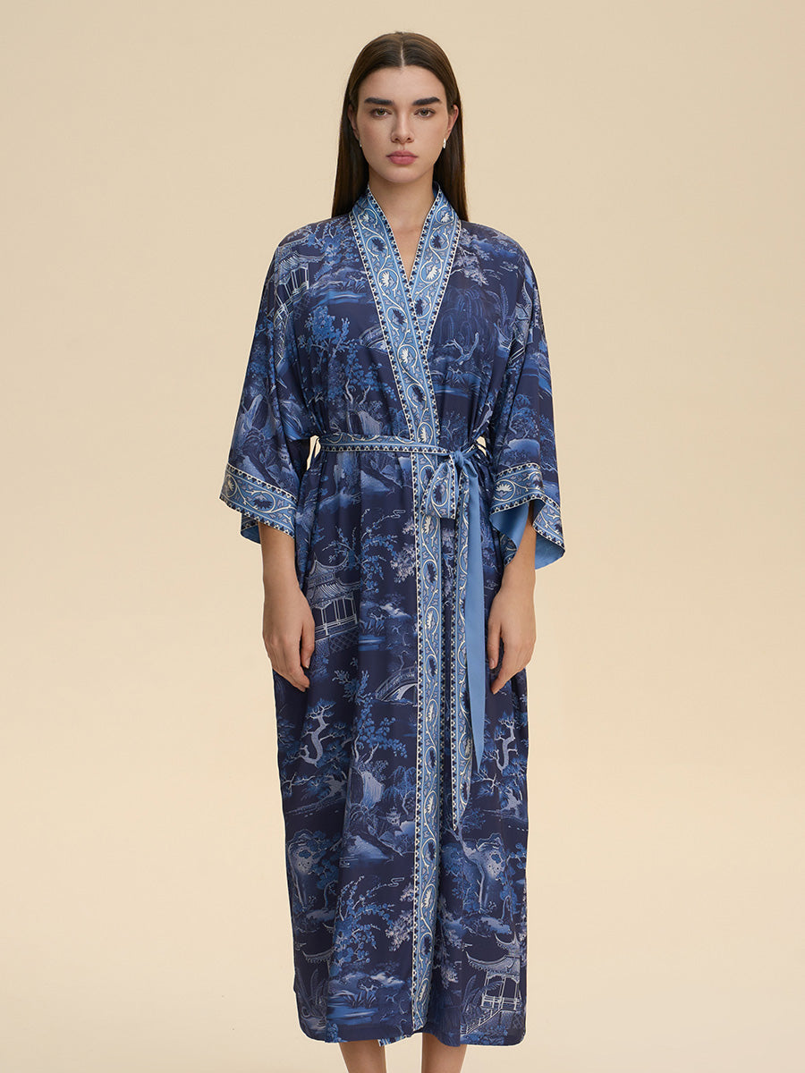 Blue Willow Landscape Satin Kimono Robe