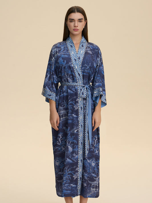 Blue Willow Landscape Satin Kimono Robe