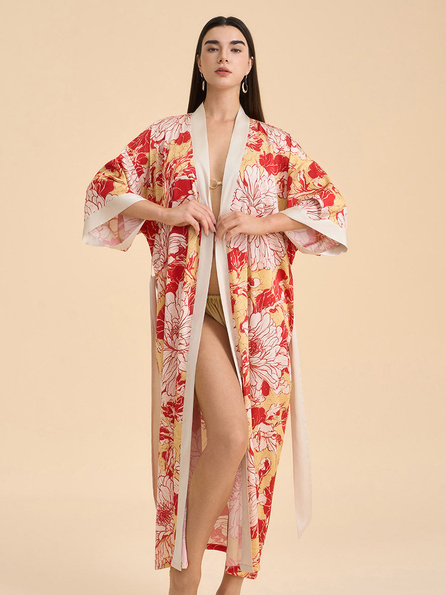 Deconstructed Peony Satin Kimono Robe