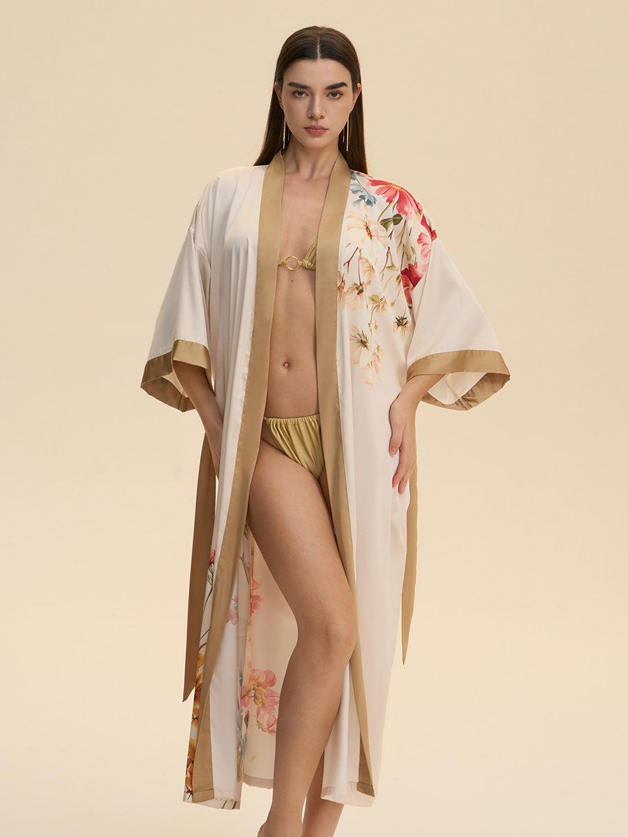 Floral Print Satin Kimono Robe