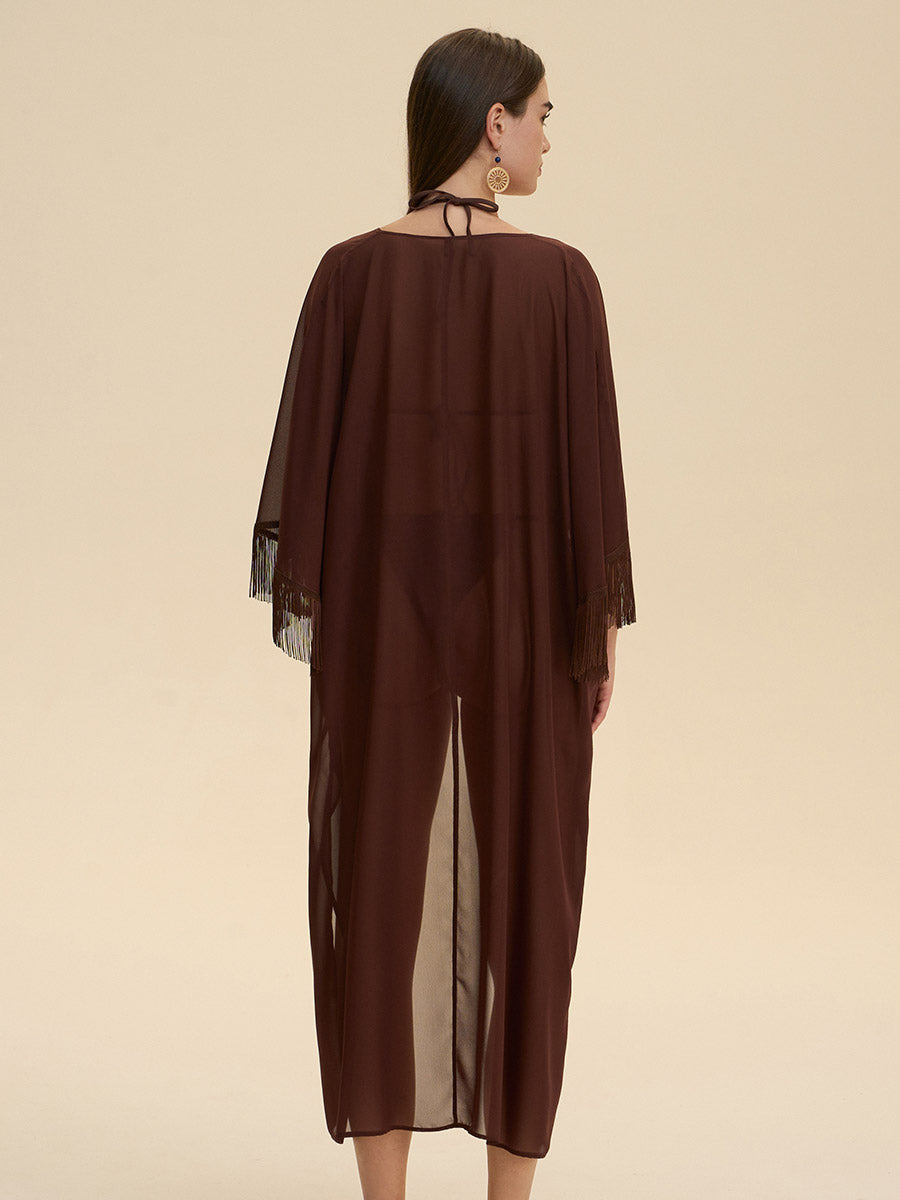 Fringe Trim Sheer Cover-Up Robe