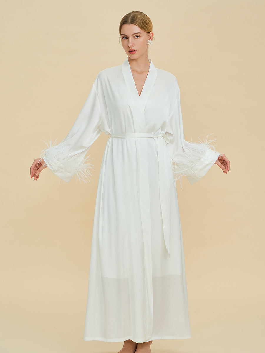 White Satin Maxi Robe with Feather Cuffs