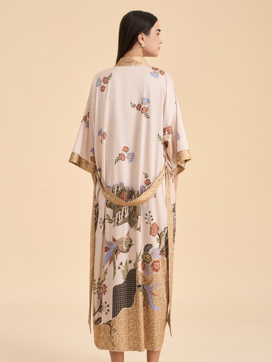Oriental Bird & Floral Satin Kimono Robe