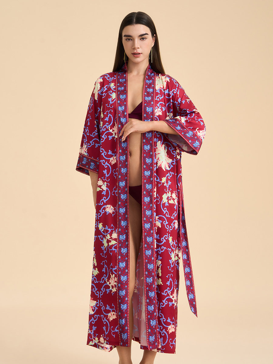Crimson Floral Satin Kimono Robe