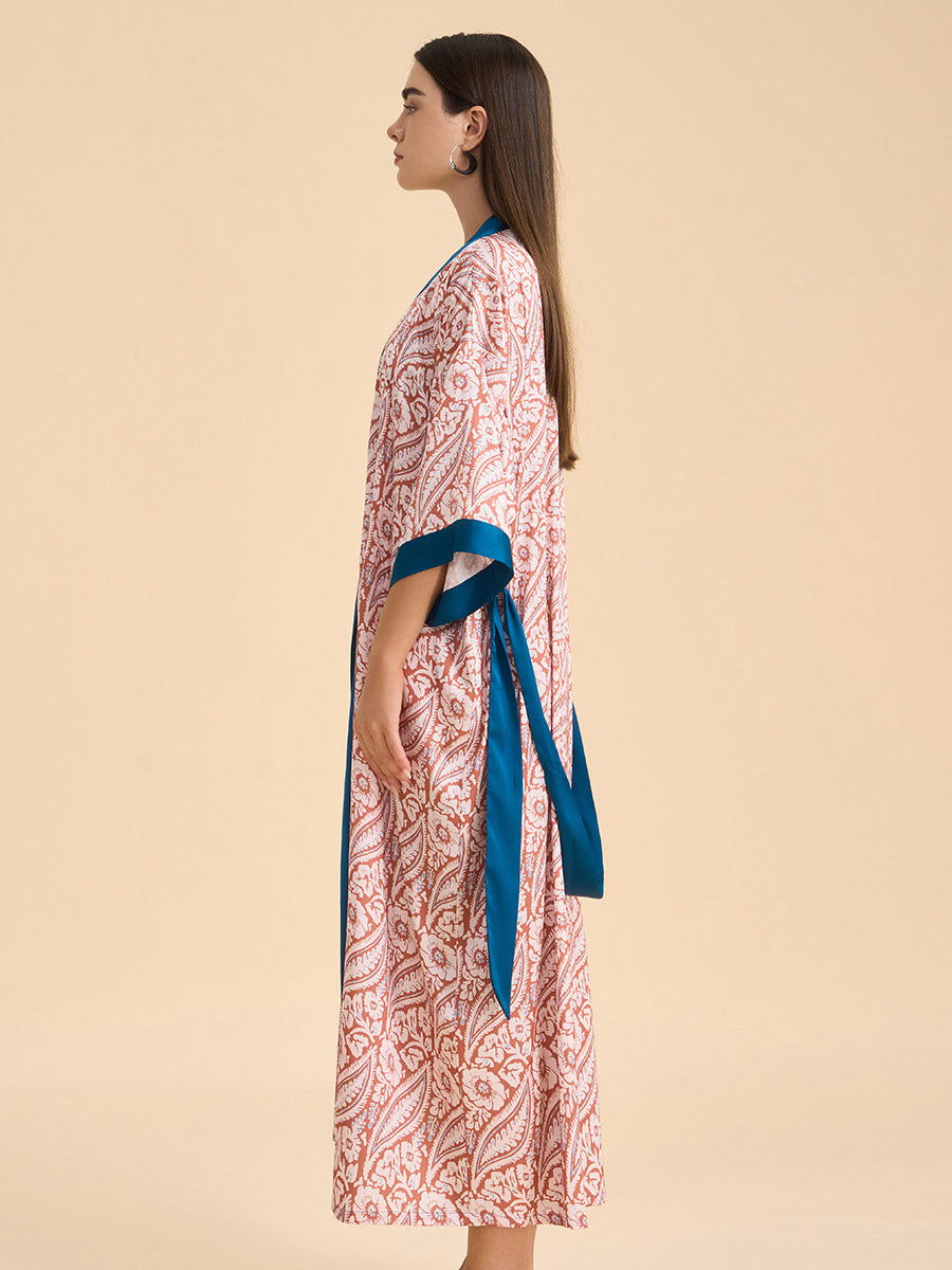 Paisley Contrast Trim Satin Kimono Robe