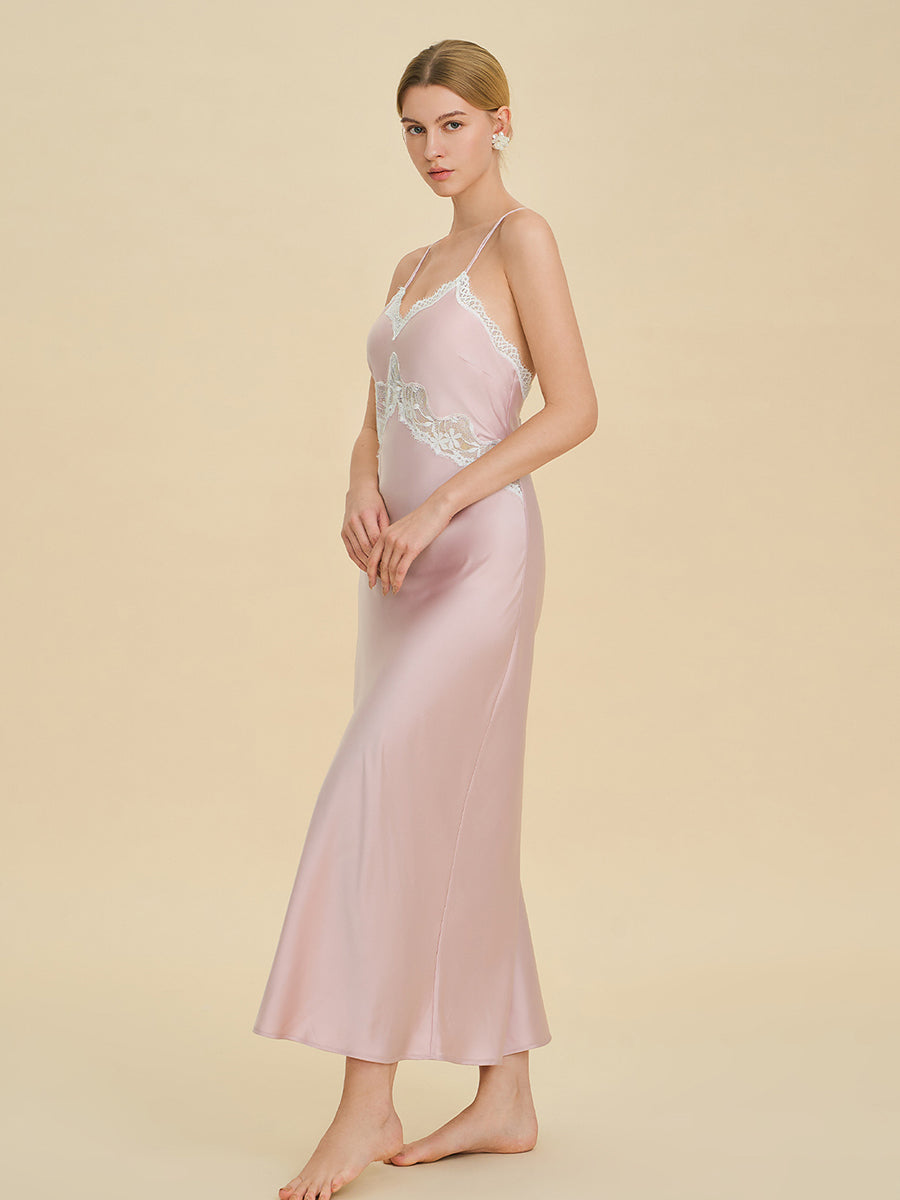 Blush Pink Satin Maxi Slip Dress with Lace Trim