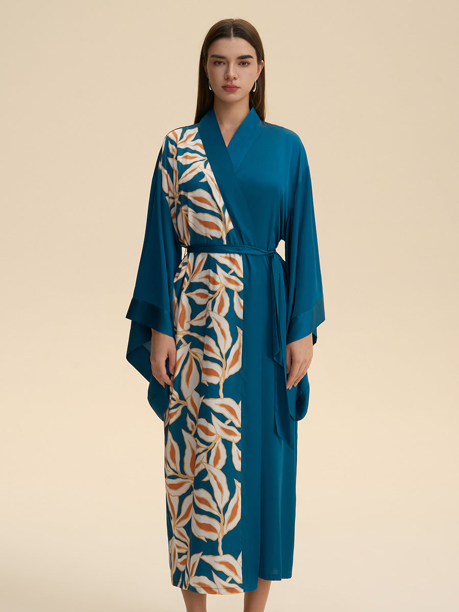 Teal Leaf Print Satin Kimono Robe