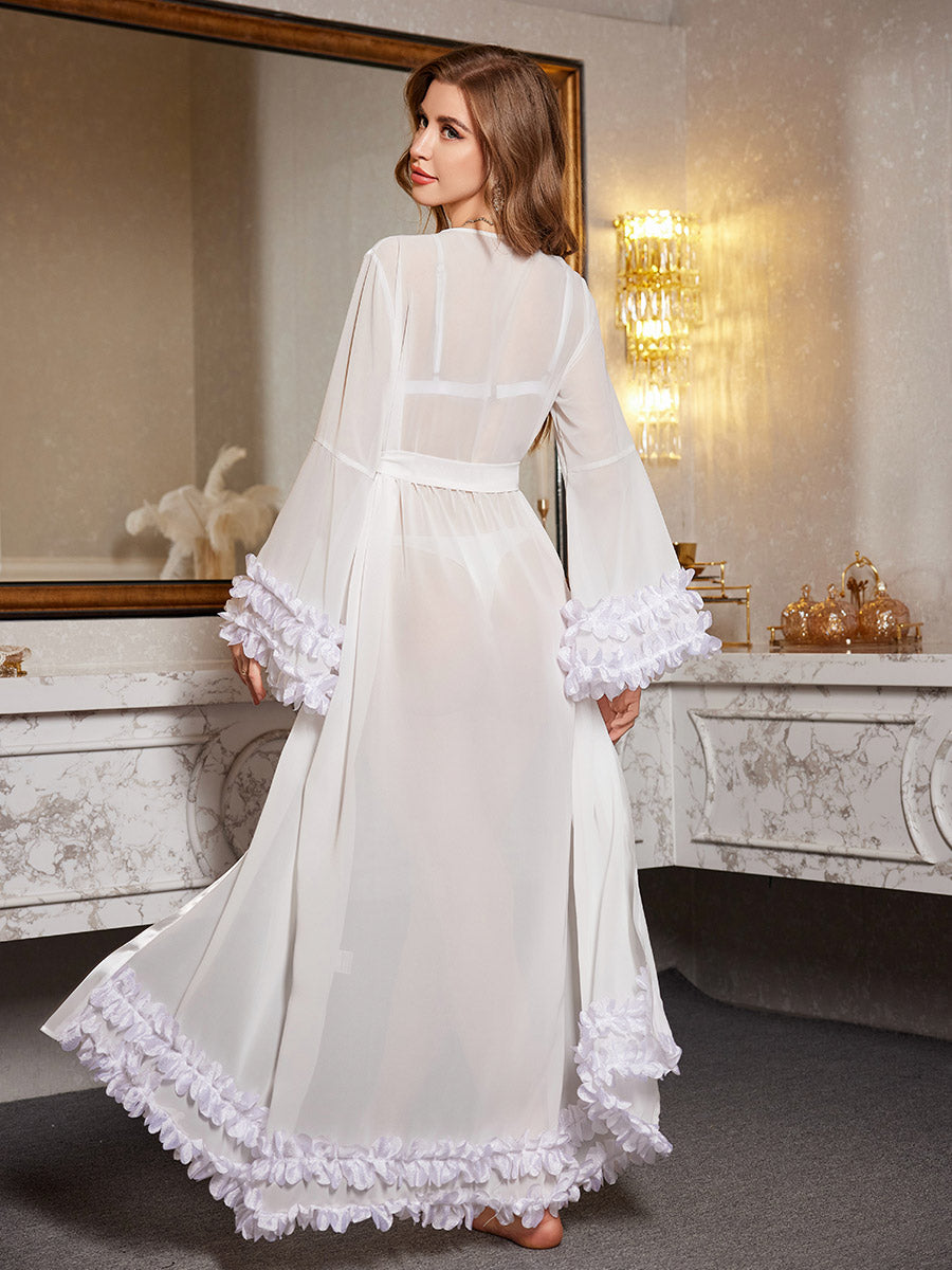 Sheer Ruffle Trim Robe with Bell Sleeves