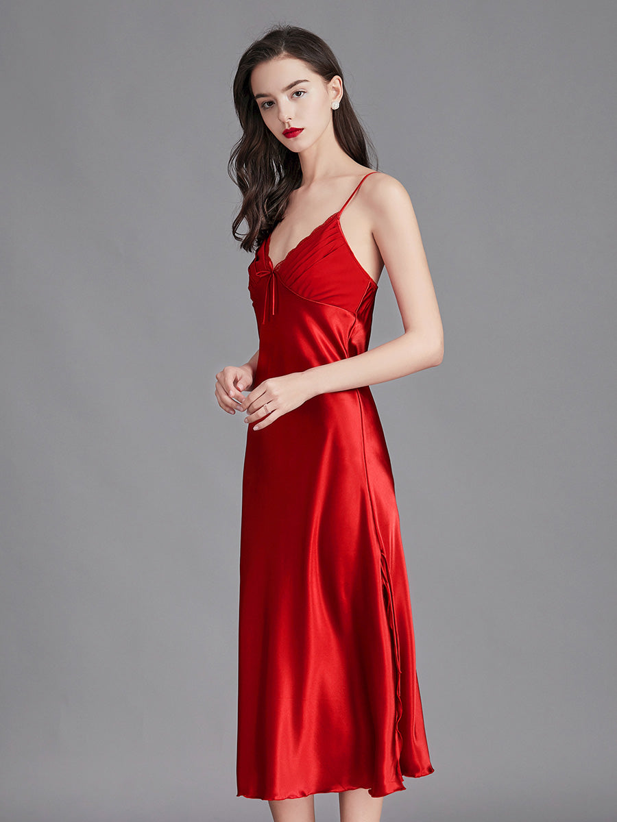 Red Silky Lace Trim Slip Dress