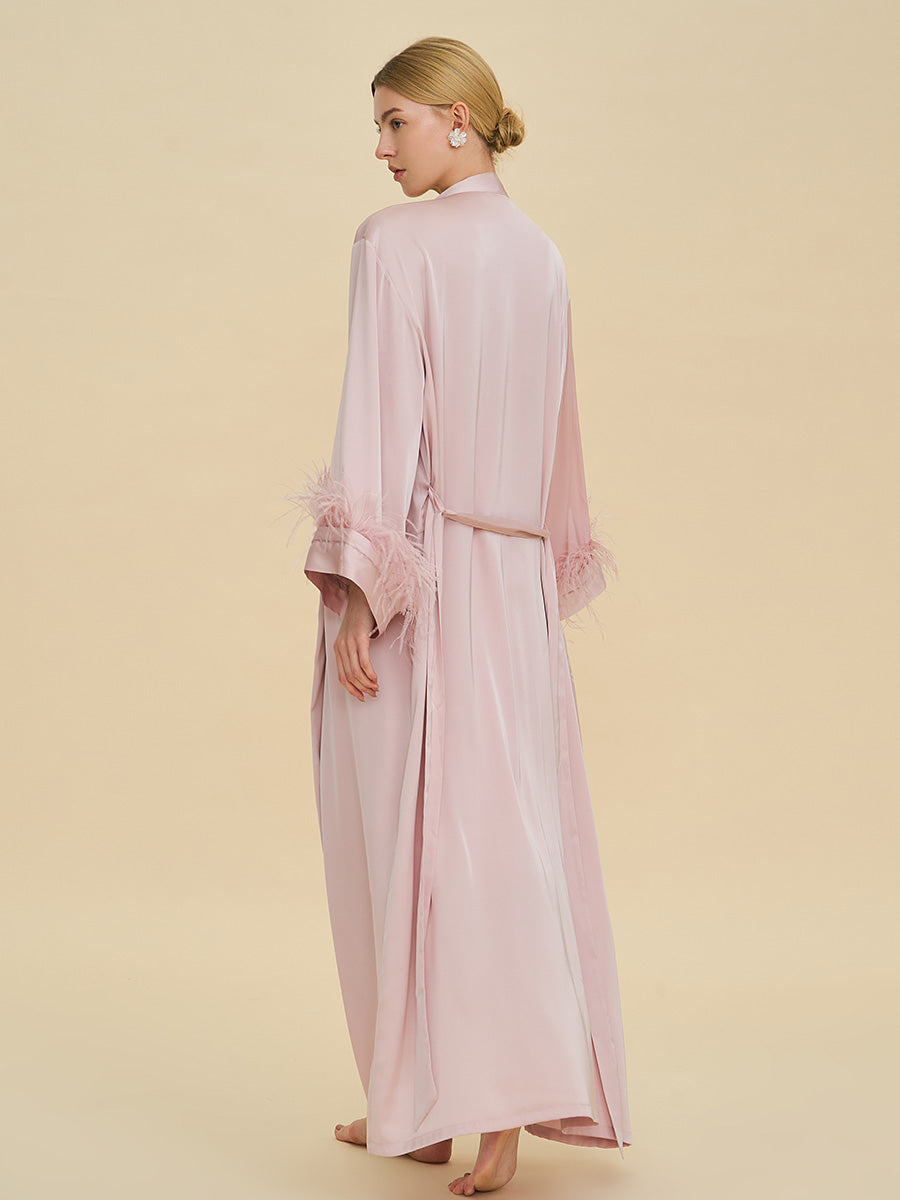Blush Pink Satin Maxi Robe with Feather Cuffs