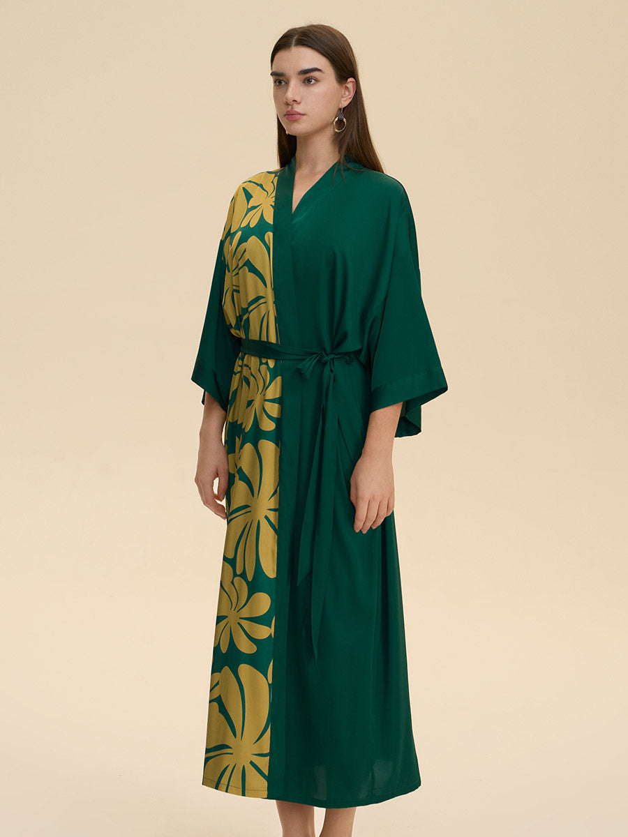 Colorblock Floral Satin Kimono Robe