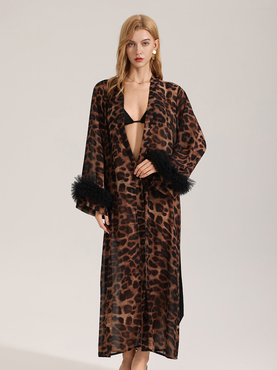 Leopard Print Satin Robe with Tulle Cuffs