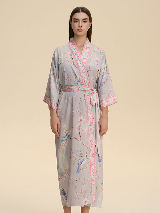 Pastel Bird & Floral Satin Kimono Robe