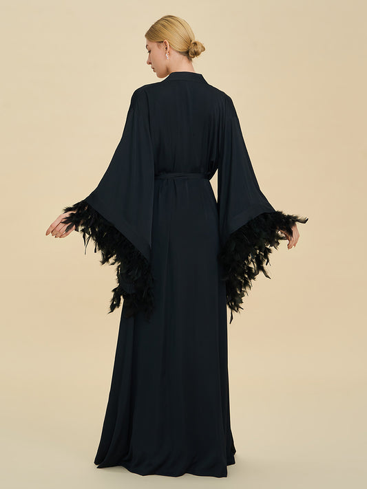 Black Satin Maxi Robe with Oversized Feather Cuffs